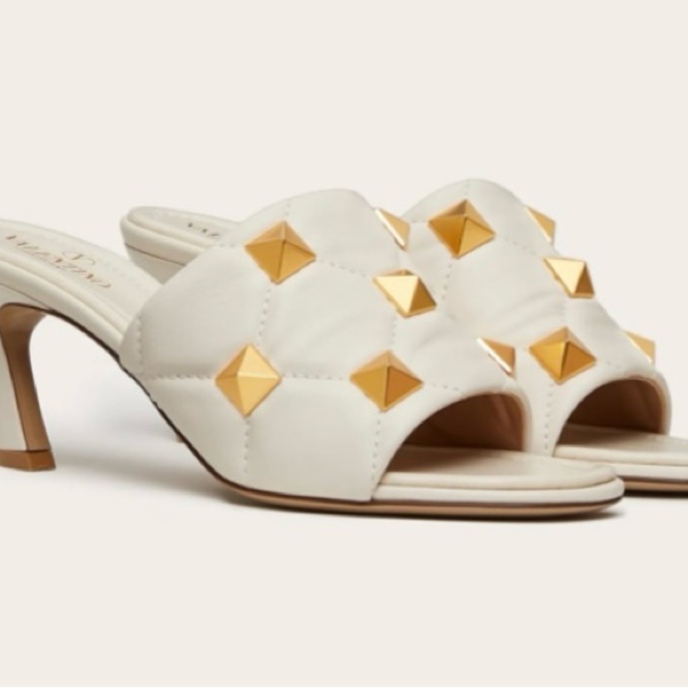 Valentino Cream and Gold Rockstud  Quilted Sandals